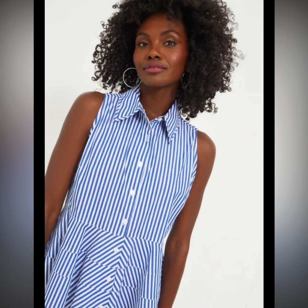 Tuckernuck Pomander Place Blue White Stripe Sleeveless Tiered Peplum Top XL